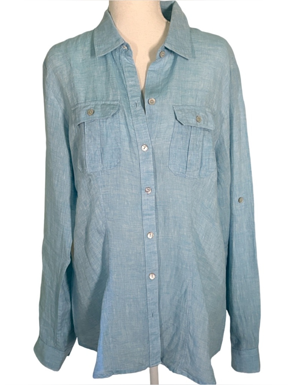 Saks Fifth Avenue Linen Button Front Shirt in Robbins Egg BlueSize XL - Picture 7 of 10